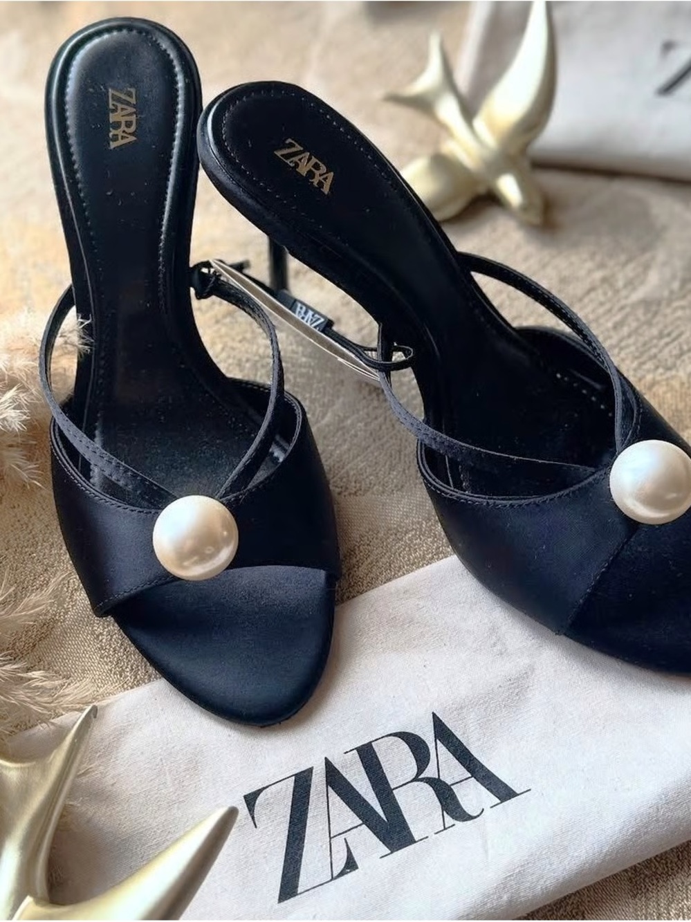 Zara embellished pearl satin heels